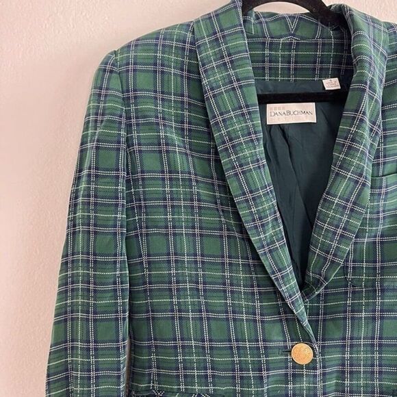 Dana Buchman Vintage 90s Silk Green & Blue Plaid Academia Blazer Petite Size 6 - Picture 8 of 10